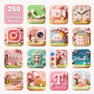 Może przedstawiać: Zestaw 16 ikon aplikacji w pastelowych kolorach o miniaturowym, fantazyjnym designie. Każda ikona ma inny wzór, w tym telefon, aparat, zegar i kalkulator, z drzewami wiśni i uroczymi postaciami. Tekst brzmi "250 APP ICONS! Pastel Sakura Miniature."