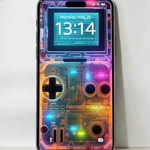 May include: A transparent phone case with a colourful, pixelated design that resembles a vintage handheld games console. The case has a digital clock display that shows the date and time: Monday, May 20, 13:14.