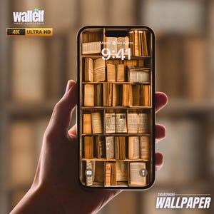 May include: A smartphone displaying a bookshelf wallpaper with rows of books. The time is 9:41 and the date is Mon 6. The text "SMARTPHONE WALLPAPER" is at the bottom of the screen.