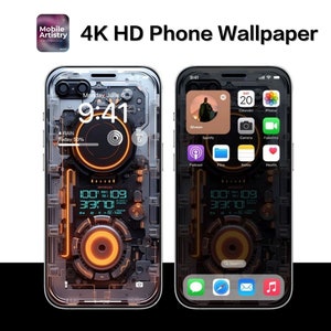 Peut inclure: Un fond d'écran de téléphone 4K HD avec un design futuriste et numérique. Le fond d'écran présente un arrière-plan métallique transparent avec des accents orange et bleus lumineux. L'heure est affichée à 9h41 sur l'écran du téléphone.