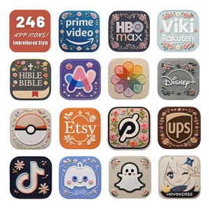 Puede incluir: Una colección de 16 iconos de aplicaciones bordados, incluyendo Prime Video, HBO Max, Etsy y Disney+. Cada icono presenta un diseño único con detalles florales y texto. El icono superior izquierdo dice "246 APP ICONS! Embroidered Style."