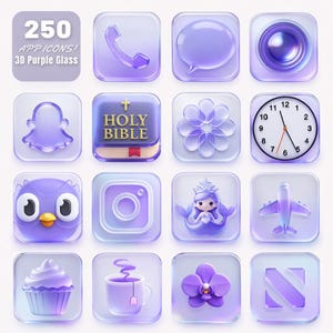 May include: A collection of 16 purple glass app icons, including a phone, speech bubble, camera, Snapchat ghost, Holy Bible, flower, clock, owl, Instagram logo, mermaid, airplane, cupcake, teacup, orchid, and a stylized N. Text reads "250 APP ICONS! 3D Purple Glass."