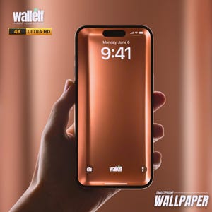 May include: A copper-colored smartphone with a black frame and a white clock face displaying "Monday, June 6" and "9:41". The phone has a camera icon and the word "wallelf" on the screen. The text "SMARTPHONE WALLPAPER" is at the bottom of the image.