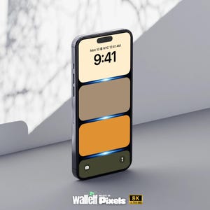May include: A black smartphone with a bright white screen displaying the time 9:41 AM. The screen also shows a beige, orange, and green colour palette.