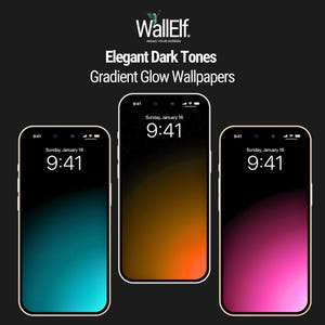 May include: Three iPhone mockups with gradient glow wallpapers. The wallpapers are a teal to black gradient, an orange to black gradient, and a pink to black gradient. The time on each phone is 9:41.