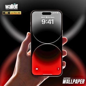 May include: A smartphone displaying a black and red abstract wallpaper with a clock showing 9:41. The phone is being held in a hand. The text "SMARTPHONE WALLPAPER" is at the bottom of the image.