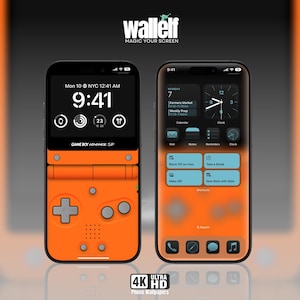 May include: A digital illustration of an orange Game Boy Advance SP handheld gaming console with a black screen. The console is on a black background with the text "wallelf MAGIC YOUR SCREEN" at the top of the image. The image also includes a digital illustration of an iPhone with a black screen and a custom orange and black home screen with the text "MONDAY 7" and "Farmers Market 13:45-17:00м" at the top of the screen. The image also includes the text "4K ULTRA HD Phone Wallpapers" at the bottom of the image.