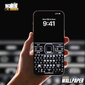 以下が含まれることがあります： クラシックなキーボードレイアウトを備えた黒いスマートフォンの壁紙デザイン。画面には9:41と表示されています。画像には「wallelf 4K ULTRA HD」と「SMARTPHONE - WALLPAPER」の文字が含まれています。
