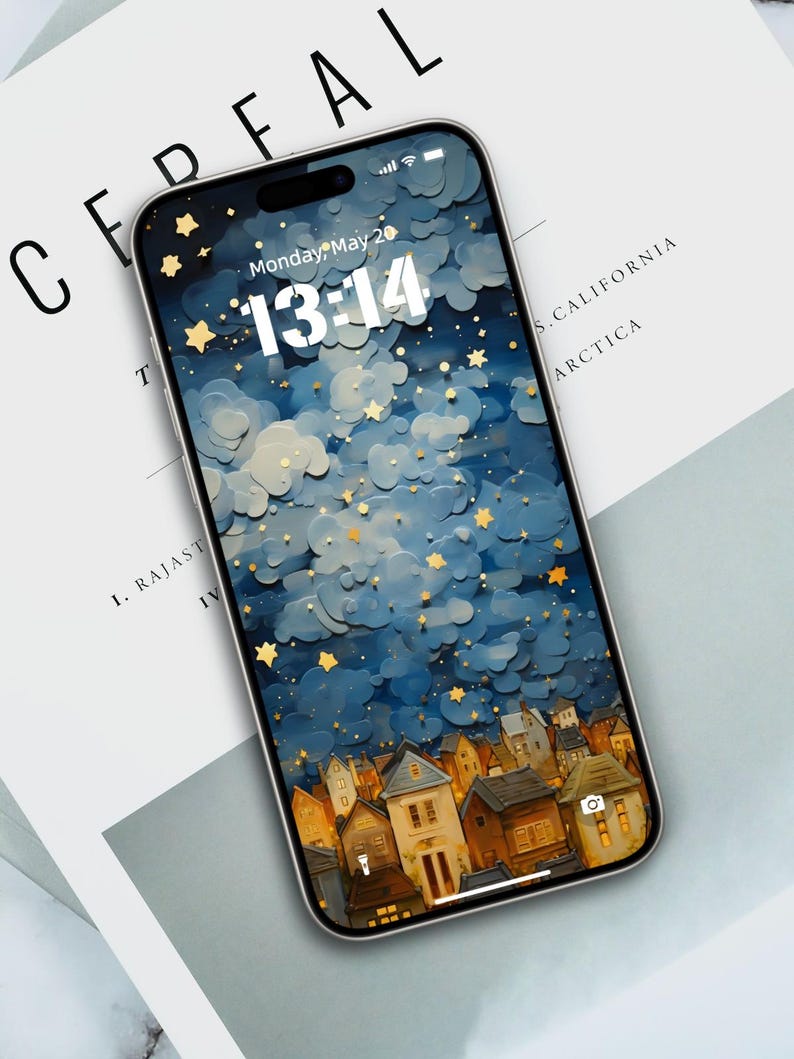 Starry Night Village 4K Wallpaper | Dreamy Cloud Stars Design for Ios