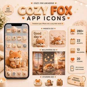 Könnte beinhalten: Werbung für "Cozy Fox" App-Icons, Widgets, Hintergrundbilder und Sticker. Das Bild zeigt ein Telefon mit benutzerdefinierten Symbolen sowie Grafiken eines Fuchs-Charakters. Die Farbpalette ist weich und warm, mit einer gemütlichen Ästhetik. Enthält 280+ App-Icons, 22 Widgets und 13 Hintergrundbilder.