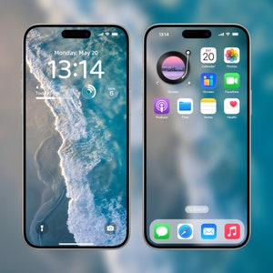 May include: A mockup of an iPhone screen showing the time 13:14 on Monday, May 20. The background is a photo of a beach with waves crashing on the shore. The home screen shows icons for Calendar, Photos, Screen, iScreen, FaceTime, Podcast, Files, Notes, and Health.