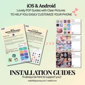 The image is an advertisement for iOS and Android installation guides, featuring colorful images of app icons and step-by-step instructions for customizing a phone.