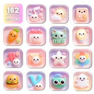 Jelly Kawaii App Icons | 162 Icons + 10 Wallpapers (iPhone & iPad) | Cute Glossy 3D Pastel Design | Exclusive Custom Pack | Free Updates