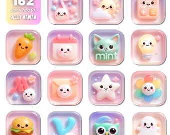 Jelly Kawaii App Icons | 162 Icons + 10 Wallpapers (iPhone & iPad) | Cute Glossy 3D Pastel Design | Exclusive Custom Pack | Free Updates