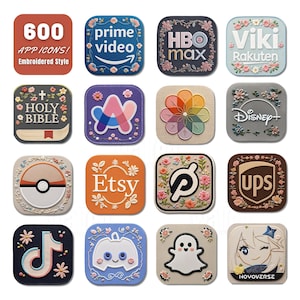 Broderade appikoner iOS-paket – 600+ stygnstilar, 10 bakgrundsbilder (direktnedladdning)