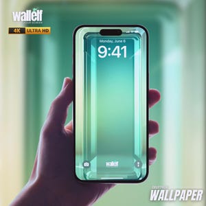 May include: A green and blue smartphone wallpaper with a diamond-shaped design. The phone screen displays the time "9:41" and the date "Monday, June 6". The text "wallelf" appears at the bottom of the screen.