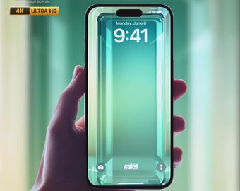 May include: A green and blue smartphone wallpaper with a diamond-shaped design. The phone screen displays the time "9:41" and the date "Monday, June 6". The text "wallelf" appears at the bottom of the screen.