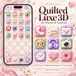 Puede incluir: Un paquete de iconos 3D titulado Quilted Luxe 3D para iPhone y Android, que muestra una pantalla de smartphone con iconos de aplicaciones acolchados en tonos pastel, una cuadrícula de iconos 3D individuales como un oso, auriculares y cámara.