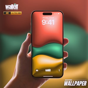 Puede incluir: Un teléfono inteligente que muestra un fondo de pantalla abstracto de colores con la hora 9:41 en la pantalla. El teléfono está siendo sostenido en una mano. El texto "wallelf" y "SMARTPHONE WALLPAPER" son visibles en la pantalla.