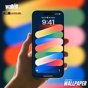 Può includere: Uno smartphone che mostra uno sfondo astratto colorato con un orologio che segna le 9:41. Il telefono è tenuto in una mano contro uno sfondo sfocato di luci colorate.