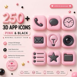 May include: A collection of 3D app icons in pink and black, featuring a phone, chat bubble, clock, envelope, lightbulb, speaker, menu, star, and folder. The text reads "250+ 3D APP ICONS PINK & BLACK" and "iOS & Android."
