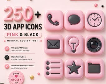 May include: A collection of 3D app icons in pink and black, featuring a phone, chat bubble, clock, envelope, lightbulb, speaker, menu, star, and folder. The text reads "250+ 3D APP ICONS PINK & BLACK" and "iOS & Android."