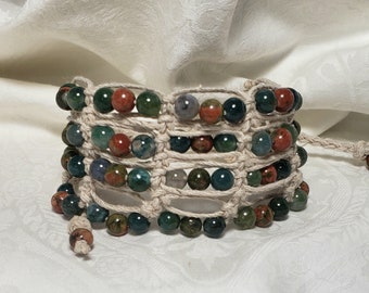 Wide gemstone hemp cuff bracelet