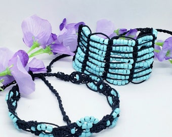 Extra wide black and turquoise hemp cuff bracelet and anklet set