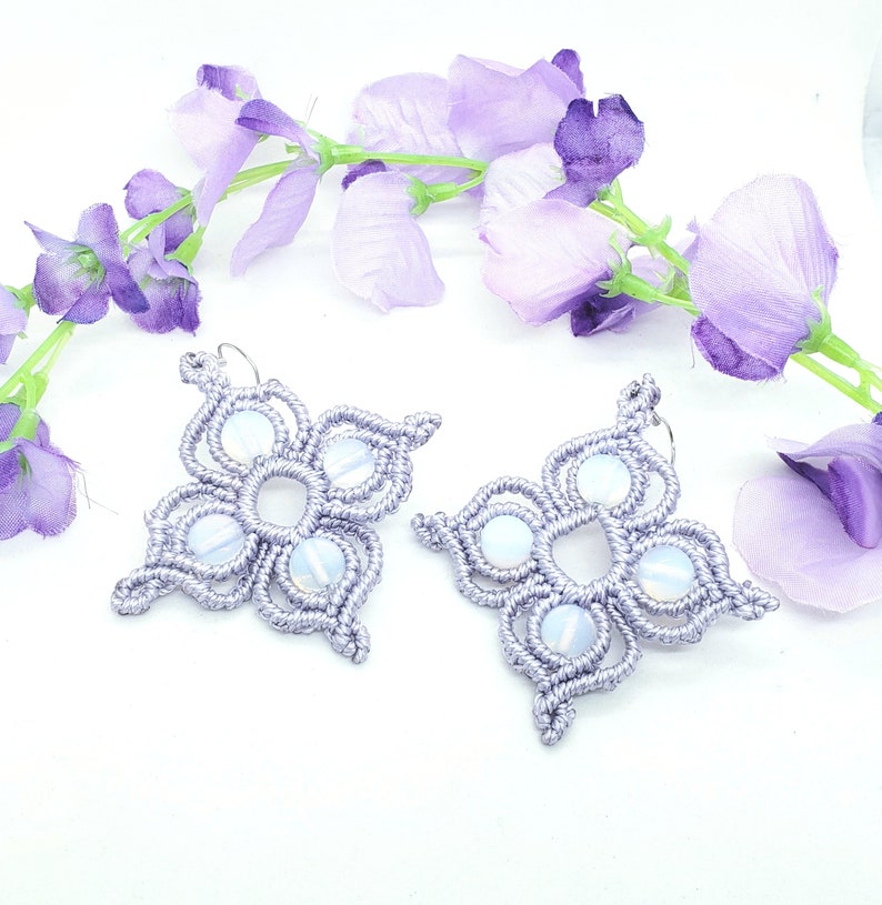 Lilac opalite gemstone macrame earrings image 1