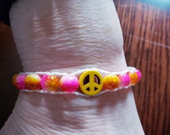 Colorful glass beads peace sign adjustable hemp bracelet