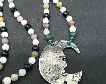 Rodium moon with jade beads and silver bali beads necklace