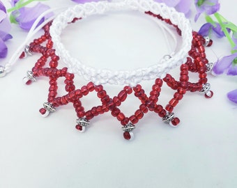 Boho adjustable macrame white and red anklet