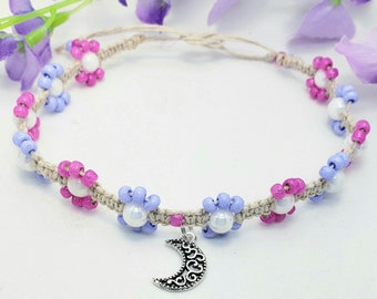 Flower and moon beaded hemp anklet