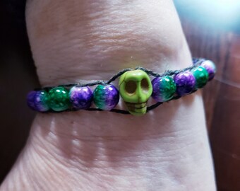 Unisex black purple green skull adjustable hemp bracelet