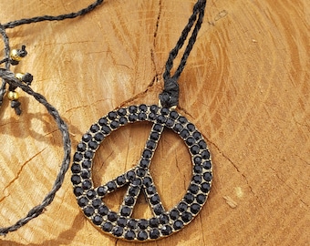 Black and gold hemp rope peace sign adjustable necklace