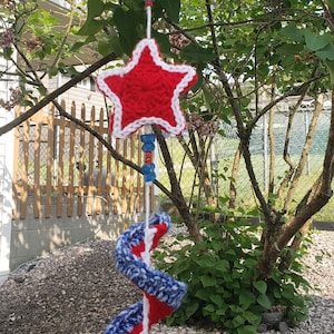 Crochet wind spinner red white and blue holiday USA yard ornament , wind sock