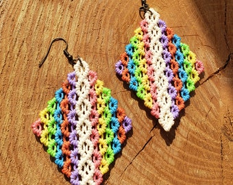 Lite weight diamond shape knotted macrame colorful dangle earrings