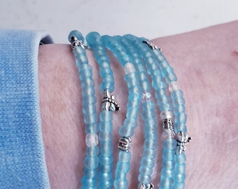 Sea blue Dragonfly butterfly seed beads wide adjustable macrame bracelet