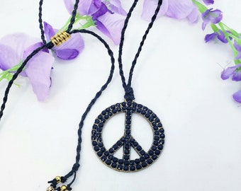 Black and gold hemp rope peace sign adjustable necklace