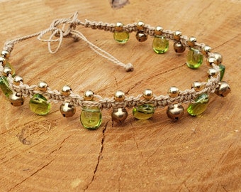 Peridot  and gold macrame hemp anklet with bells