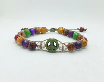 Peace sign colorful beaded macrame bracelet