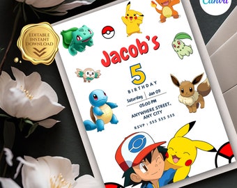 Faire-part d'anniversaire Pokemon modifiable, faire-part d'anniversaire Pikachu, modèle d'invitation Pokemon imprimable, téléchargement numérique