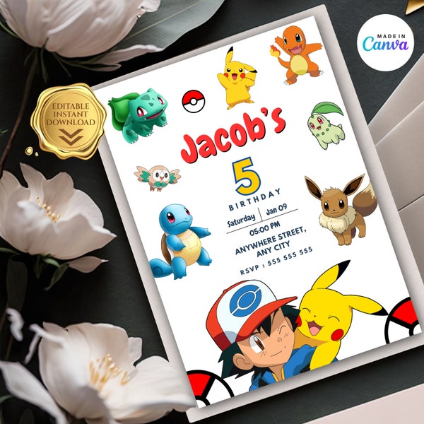 Editable Pokemon Birthday Invitation, Pikachu Birthday Party Invitation, Printable Pokemon Invitation Template, Digital Download