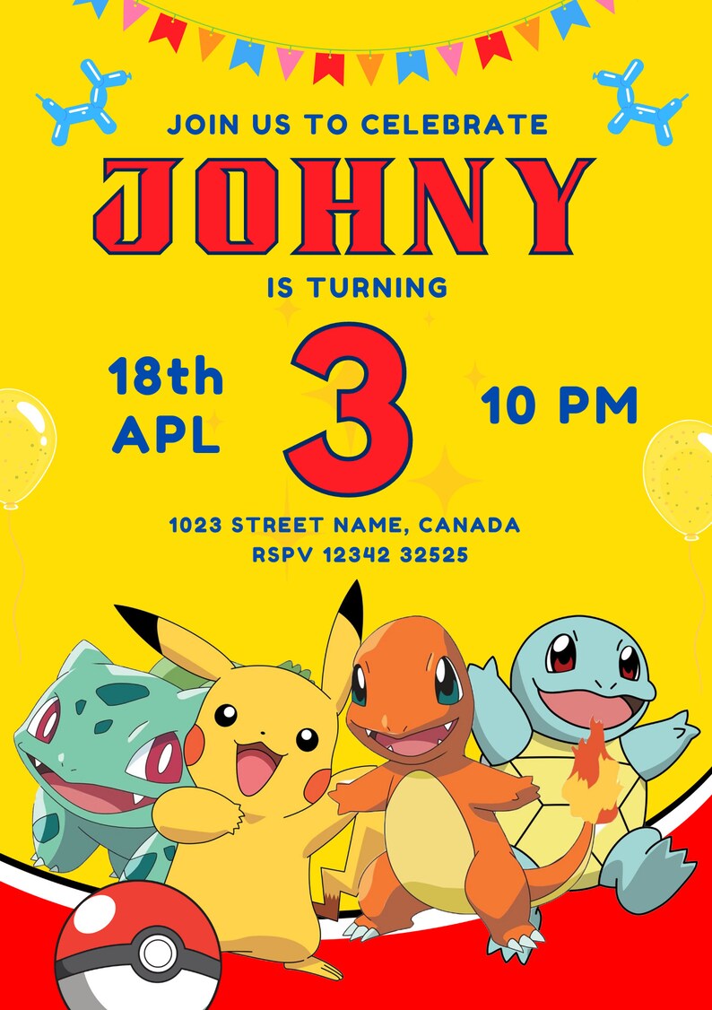 Editable Pokemon Birthday Invitation, Pikachu Birthday Party Invitation ...
