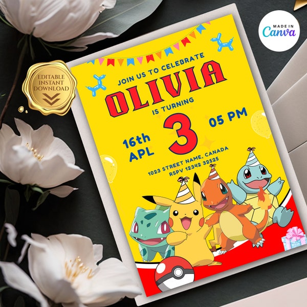 Editable Pokemon Birthday Invitation, Pikachu Birthday Party Invitation, Printable Pokemon Invitation Template, Digital Download