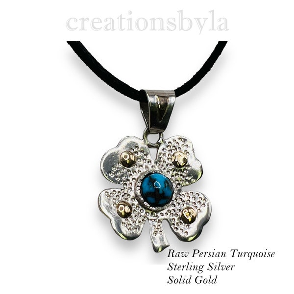 Sterling Silver Clover Leaf Turquoise Pendant Necklace set in 925 Silver & Solid Gold Studs, Unique Design Lucky Charm Jewelry