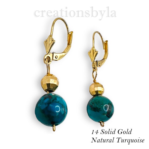 Turquoise Gold Dangle Drop Earrings, 14k Solid Gold Beads, Natural Raw Turquoise Balls Gemstone Jewelry