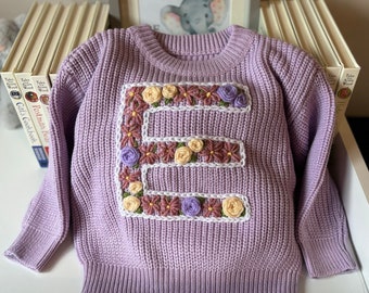 Personalised Hand Embroidered Floral Initial Jumper - Oversized Knit - Purple - Pink/White