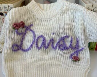 Personalised Hand Embroidered Name Jumper - Oversized Knit - Purple/White - Floral