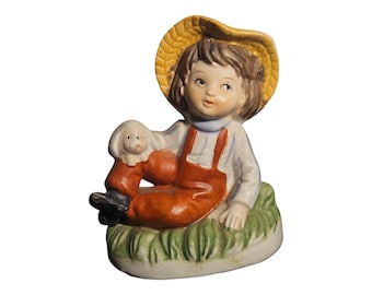 Vintage Ceramic Boy with Dog Figurine – Cottagecore Decor